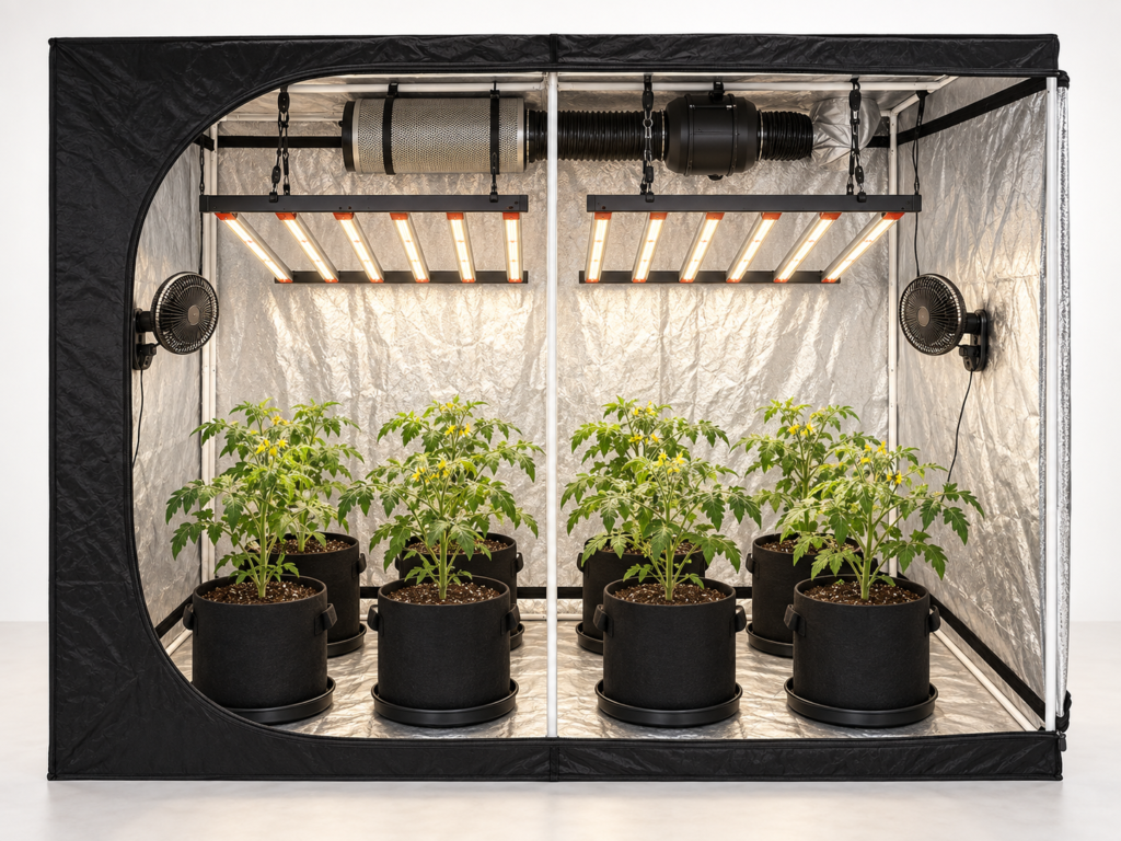 ערכת גידול מלאה מקצועית 240×120×200 מורכבת עם תאורה, אוורור וצמחי עגבניות