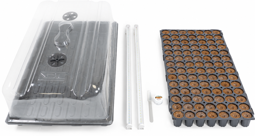 ערכת הנבטה וייחורים עם פרופוגטור, מגש Eazy Plug 104, שתי נורות LED, ג׳ל השרשה וסכין